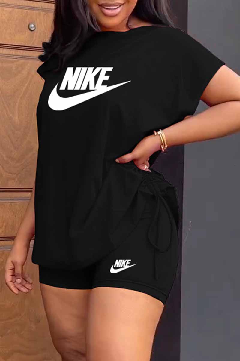 

Black Casual Print Draw String Letter O Neck Short Sleeve Two Pieces