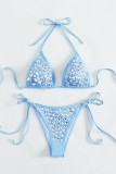 Sky Blue Sexy Patchwork Hot Drilling Bandage Backless Swimwears (With Paddings)