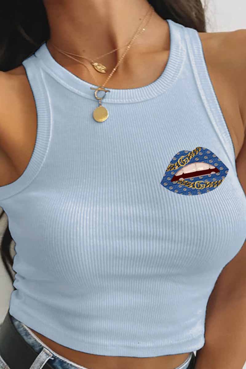 

Light Blue Sexy Print Letter O Neck Tops