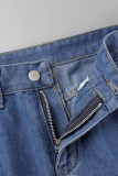 Babyblauwe casual jeans met streetprint en patchwork halfhoge taille