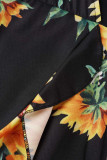 Vestidos rectos con cuello en V asimétrico de patchwork con estampado dulce casual amarillo negro