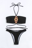 Черный сексуальный однотонный купальник в стиле пэчворк со стразами и открытой спиной (с прокладками)