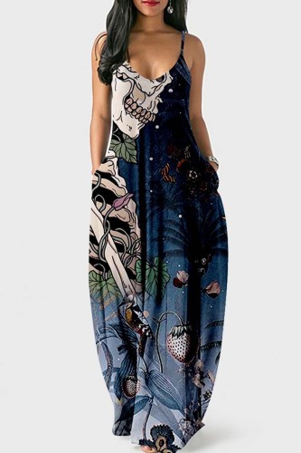 Tibetan Blue Sexy Casual Print Backless Spaghetti Strap Long Dress Dresses