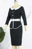 Vestidos de falda de un paso con cuello en O de patchwork sólido de trabajo informal negro