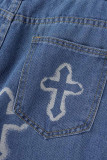 Babyblaue Casual Street Print Patchwork Denim Jeans mit mittlerer Taille