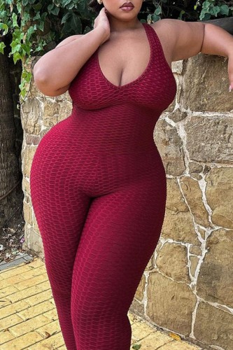 Burgund Sexy Casual Solid Backless V-Ausschnitt Plus Size Jumpsuits