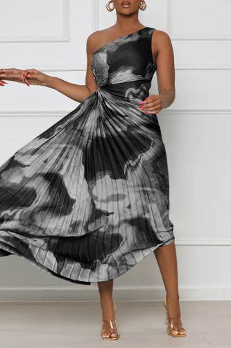 Black Street Print Patchwork Fold Asymmetrical Oblique Collar Straight Dresses