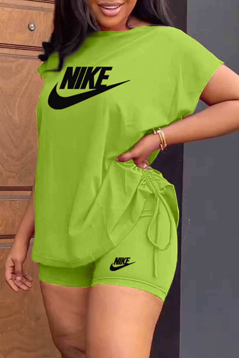 

Grass Green Casual Print Draw String Letter O Neck Short Sleeve Two Pieces