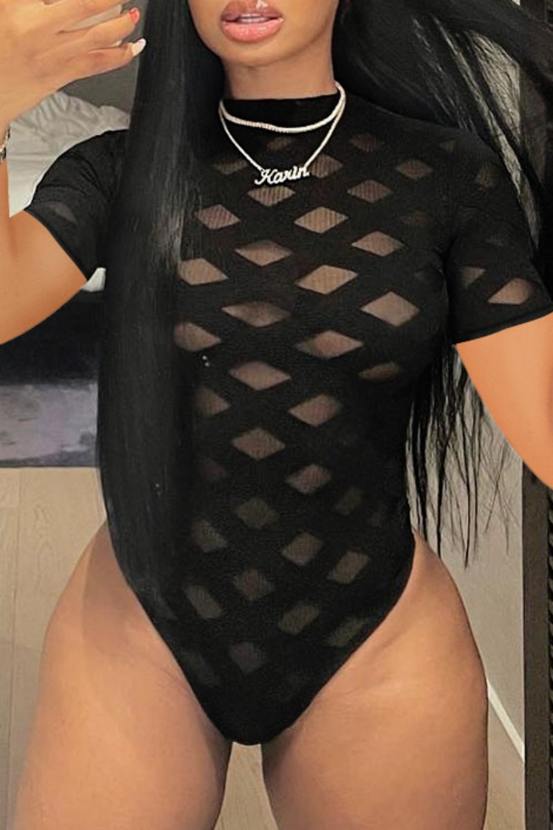 

Black Sexy Solid Patchwork See-through O Neck Skinny Jumpsuits