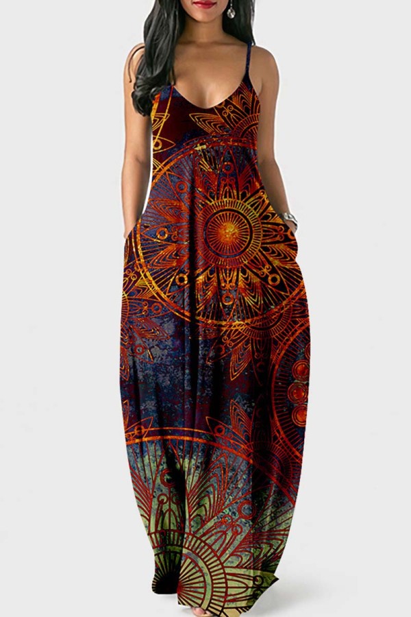 Red Sexy Casual Print Backless Long Dress Dresses