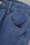 Babyblauwe casual jeans met streetprint en patchwork halfhoge taille
