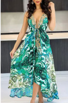 Groene sexy vakantieprint patchwork backless halter A-lijn jurken