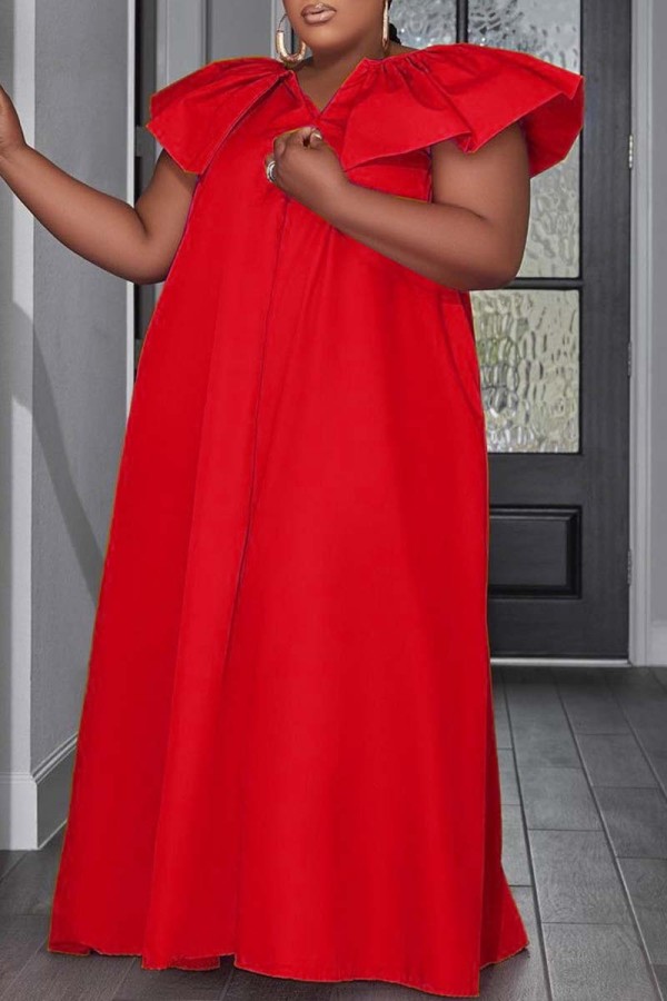 赤 カジュアル ソリッド パッチワーク Vネック ロングドレス プラスサイズドレス
