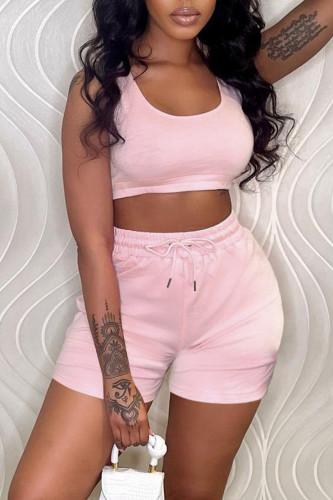 Pink Sportswear Solid Patchwork U Neck Sleeveless Two Pieces