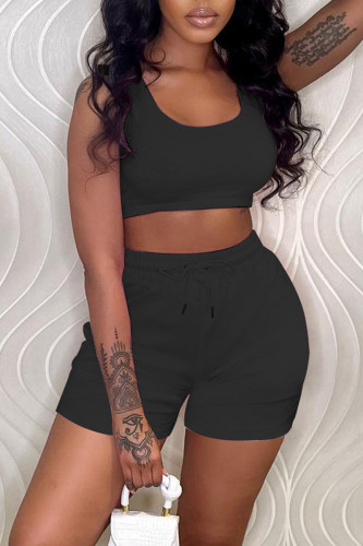 Black Sportswear Solid Patchwork U Neck Sleeveless Two Pieces