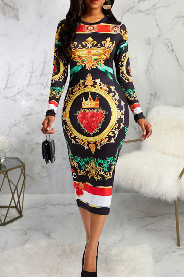 Black Sexy Print Patchwork O Neck Pencil Skirt Dresses