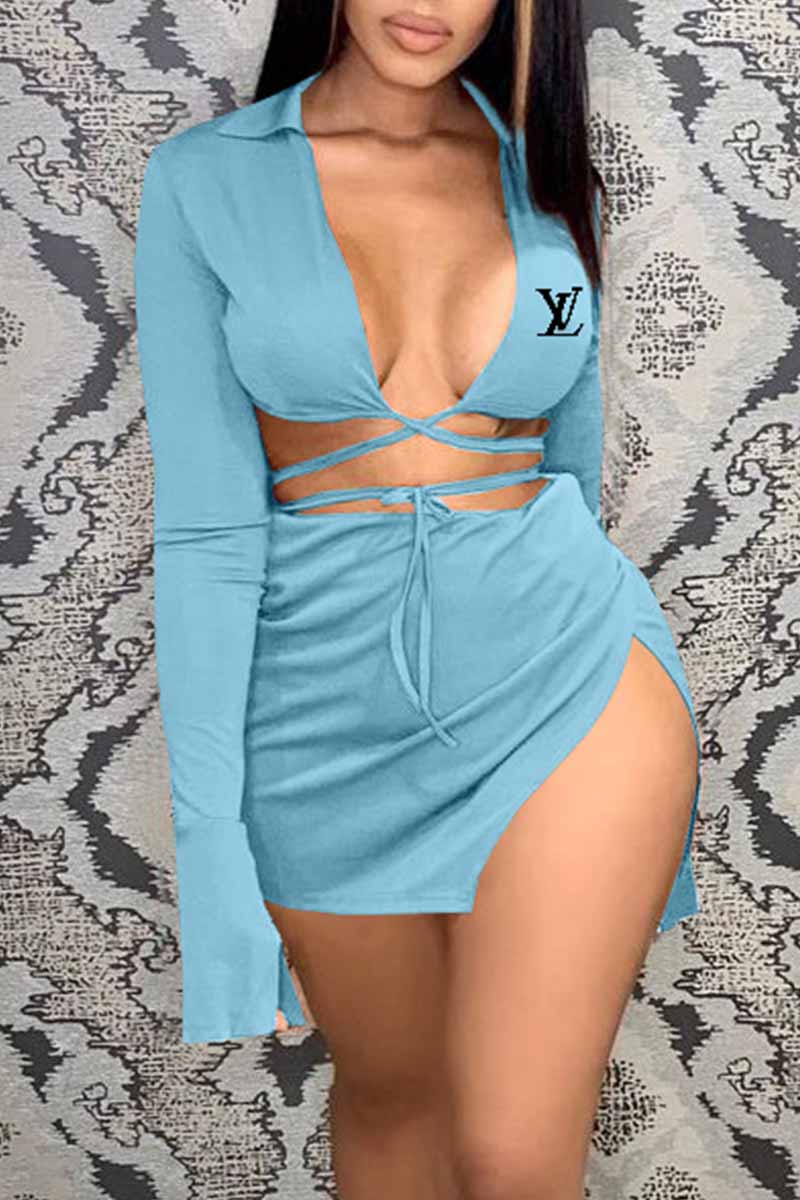 

Sky Blue Sexy Print Bandage Letter V Neck Long Sleeve Two Pieces