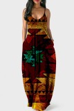 Deep Red Sexy Casual Print Backless Spaghetti Strap Long Dress Robes
