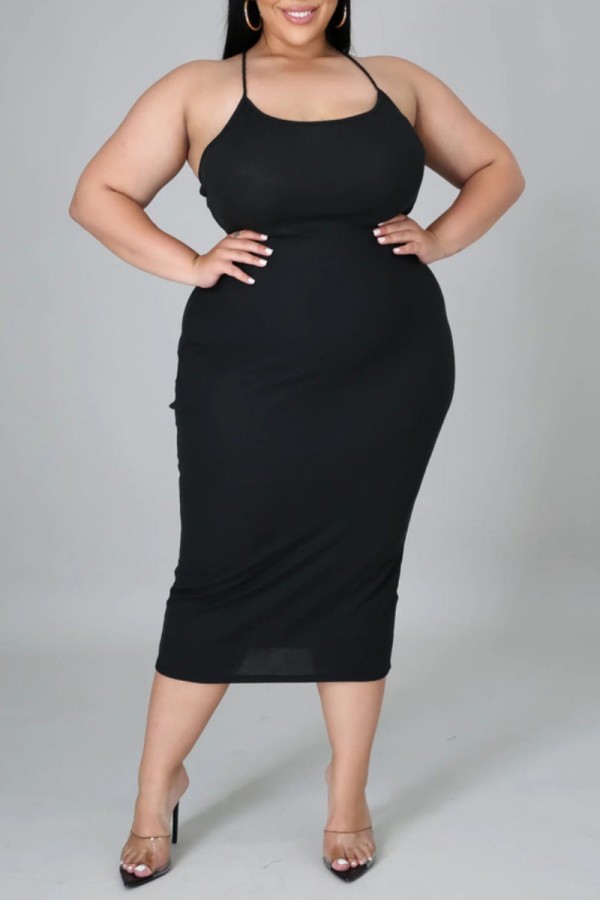 Черное сексуальное однотонное платье без рукавов на тонких бретелях с открытой спиной Платья больших размеров