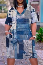 Blå Grå Casual Print Patchwork Pocket V-ringad kortärmad klänning