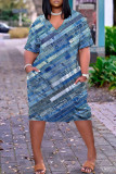 Robe décontractée imprimé patchwork poche col en V manches courtes bleu gris