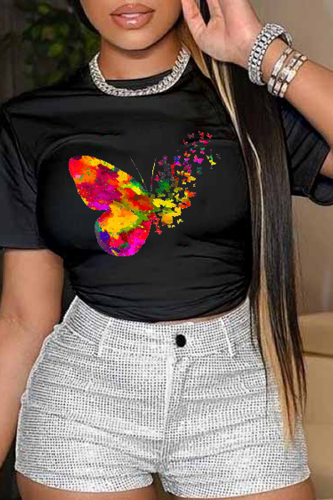 T-shirt O Neck patchwork con stampa farfalla casual nera