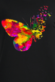 Zwarte casual T-shirts met patchwork met vlinderprint en ronde hals