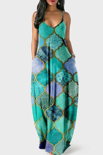Green Sexy Casual Print Backless Spaghetti Strap Long Dress Dresses