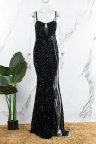 Черное сексуальное вечернее платье с блестками и блестками в стиле пэчворк с разрезом и бретельками