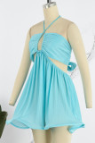Sky Blue Sexy Solid Hollowed Out Patchwork Backless Fold Halter A Line Dresses