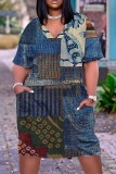 Сине-серое повседневное платье с короткими рукавами и карманами в стиле пэчворк с V-образным вырезом