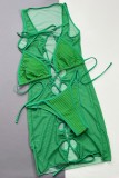 Conjunto de três peças de maiô transparente sexy verde vazado (com almofadas)