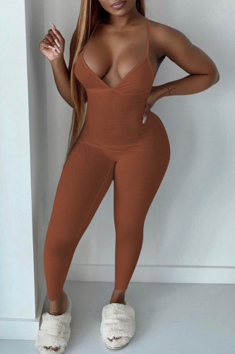 Coffee Sexy Solid Patchwork Spaghetti Strap Skinny Jumpsuits