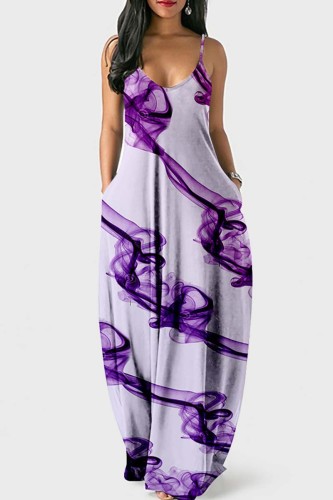 Purple Sexy Casual Print Backless Spaghetti Strap Long Dress Dresses