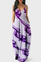 Robes de robe longue à bretelles spaghetti imprimées décontractées violettes