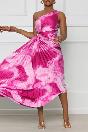 Rose Red Street Print Patchwork Fold Asymmetrical Oblique Collar Straight Dresses