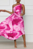 Rose Red Street Print Patchwork Fold Asymmetrische Schuine kraag Rechte jurken