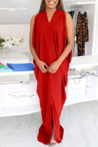Красное повседневное однотонное платье в стиле пэчворк с асимметричным V-образным вырезом Нерегулярное платье Платья