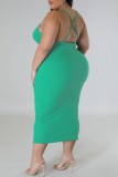Зеленое сексуальное однотонное платье без рукавов с открытой спиной на тонких бретельках Платья больших размеров