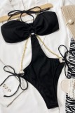 Черный сексуальный однотонный купальник в стиле пэчворк с цепочками и открытой спиной (с прокладками)
