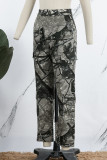Camuflagem Casual Street Print Patchwork Bolso Cintura Alta Parte de Baixo Reta Estampada Completo