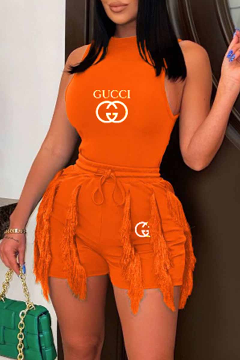 

Orange Street Print Tassel Letter O Neck Sleeveless Two Pieces