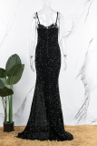 黒のセクシーな固体スパンコール パッチワーク スリット スパゲッティ ストラップ イブニング ドレス ドレス