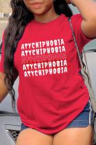 T-shirt con scollo O lettera patchwork stampa casual rossa
