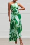 Vestidos rectos de cuello oblicuo asimétrico con pliegues de patchwork con estampado de calle verde