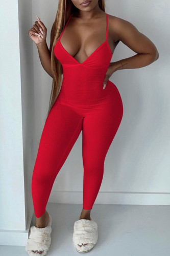 Red Sexy Solid Patchwork Spaghetti Strap Skinny Jumpsuits