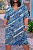 Blauwgrijze casual print patchwork jurk met V-hals en korte mouwen
