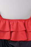 赤いセクシーなグラデーション プリント パッチワーク フラウンス オフショルダー ワンステップ スカート ドレス