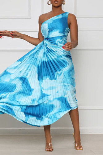 Blue Street Print Patchwork Fold Asymmetrical Oblique Collar Straight Dresses