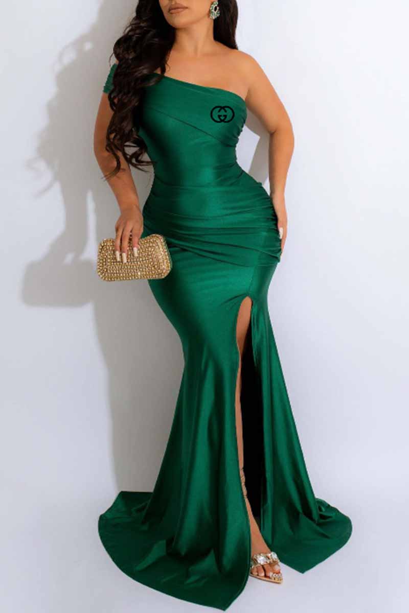 

Green Sexy Print Slit Letter Off the Shoulder Wrapped Skirt Dresses